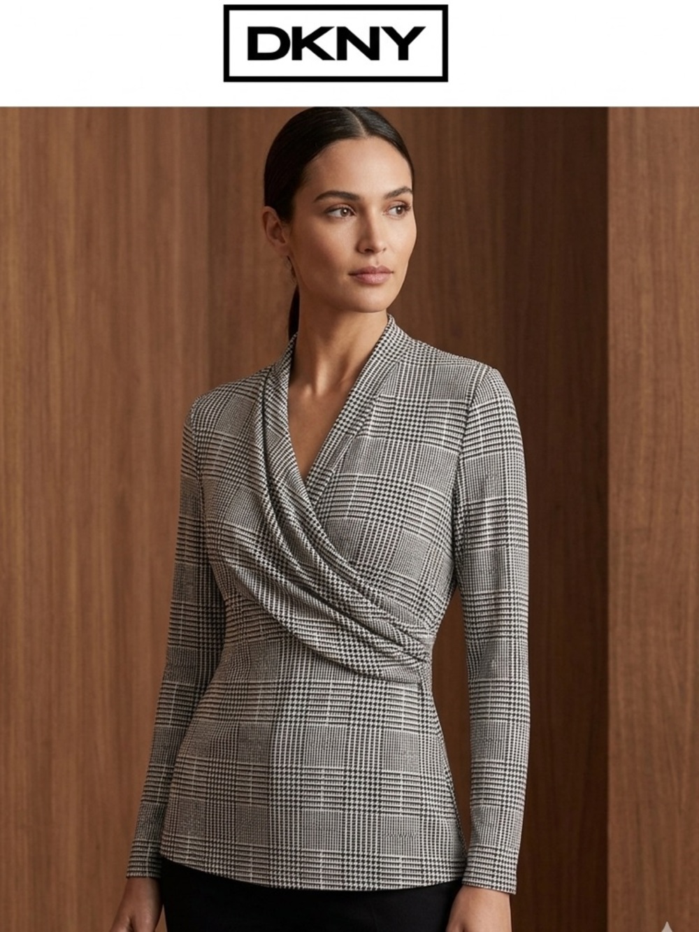 DKNY Black and Cream Houndstooth Print Top